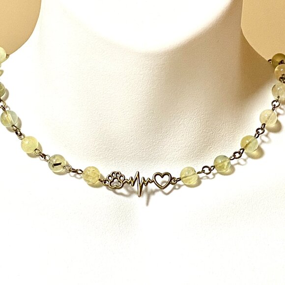 Natural Prehnite Necklace, Bronze Paw Print Heart Beat + Genuine Gemstone - Picture 2 of 16